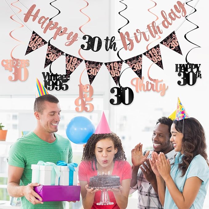 30th Birthday Decorations for Her, Black Rose Gold Happy 30th Birthday Banner Hanging Swirls Vintage 1995 Decorations Kit for Women Cheers to 30 Party Supplies