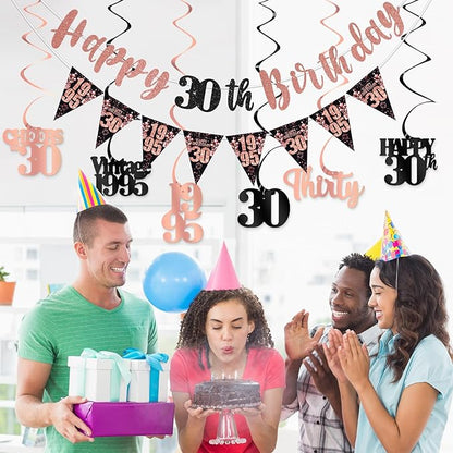 30th Birthday Decorations for Her, Black Rose Gold Happy 30th Birthday Banner Hanging Swirls Vintage 1995 Decorations Kit for Women Cheers to 30 Party Supplies