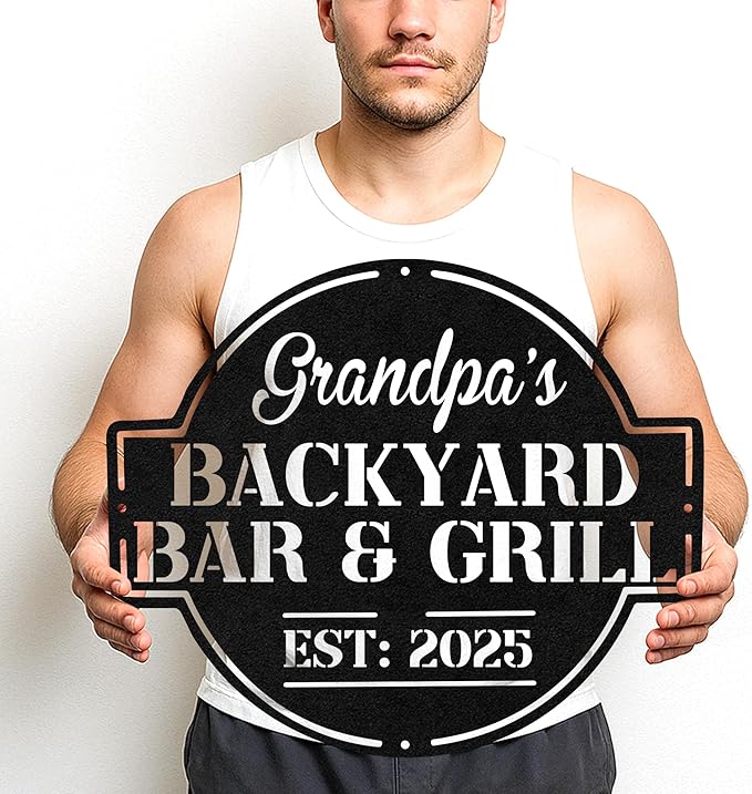 Personalized BBQ Garden Metal Sign, Custom Grill Name Cut Wall Art for Patio, Rustic Outdoor Kitchen and Backyard Decor
