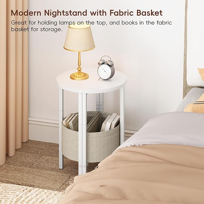 Vagusicc Side Table, Small Round End Table, Tall Accent Table with Storage Basket, Set of 2 Half Round Coffee Tables Half Moon Tables, Bedside Table, Modern Nightstand for Living Room Bedroom, White
