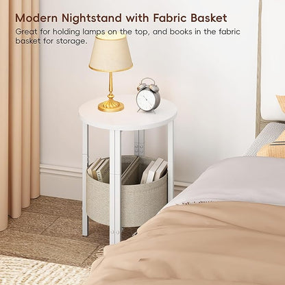 Vagusicc Side Table, Small Round End Table, Tall Accent Table with Storage Basket, Set of 2 Half Round Coffee Tables Half Moon Tables, Bedside Table, Modern Nightstand for Living Room Bedroom, White