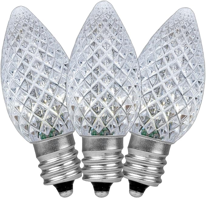 Novelty Lights 20CT Case (500 Bulbs) C7 LED Faceted Ultra Bright Dimmable Outdoor Christmas Light Replacement Bulbs LED Replacement Bulbs, LED Bulbs, String Light Bulbs (Pure White 5500K)