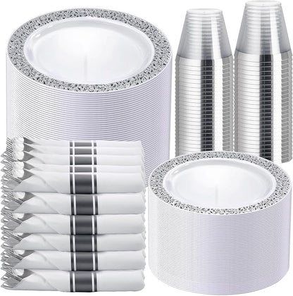 WELLIFE 700 Pieces Silver Disposable Plastic Dinnerware, Includes:100 Dinner Plates, 100 Dessert Plates, 100 Cups, 400 Pre Rolled Napkins with Silver Cutlery