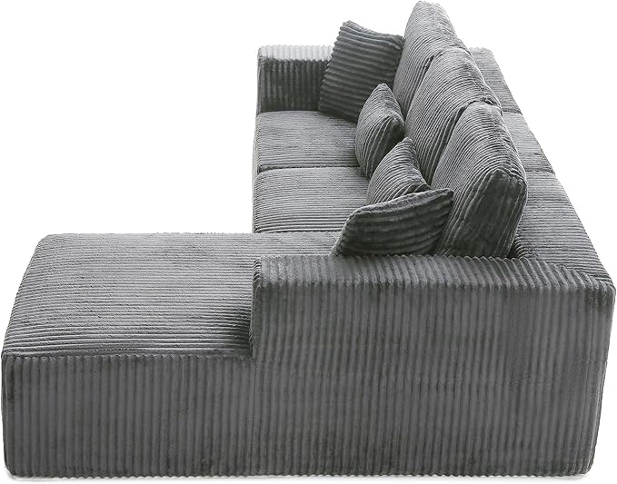 L Shaped Modular Boneless Sectional Couches for Living Room, Wide Armrest, Deep Seat, Memory Foam, Assembly Free, Modern Comfy Corduroy Fluffy Cloud Sofa with Right Chaise, Grey