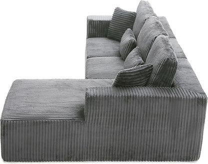 L Shaped Modular Boneless Sectional Couches for Living Room, Wide Armrest, Deep Seat, Memory Foam, Assembly Free, Modern Comfy Corduroy Fluffy Cloud Sofa with Right Chaise, Grey