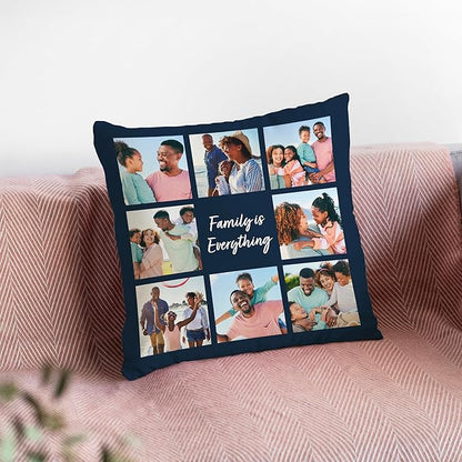Custom 8 Photo Pillow Cover 16x16 Inch – Personalized Collage Picture Pillow with Optional Text, Custom Throw Pillowcase with Eight Photos, Optional Colors, Photo Gift for Family, Friends, Couples