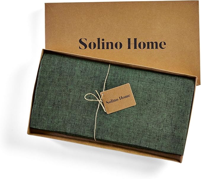 Solino Home Linen Tablecloth 60 x 156 Inch - 100% Pure Linen Forest Green Table Cloth for Rectangle Tables - Athena, Machine Washable Tablecloth for Fall, Autumn, Christmas, New Year