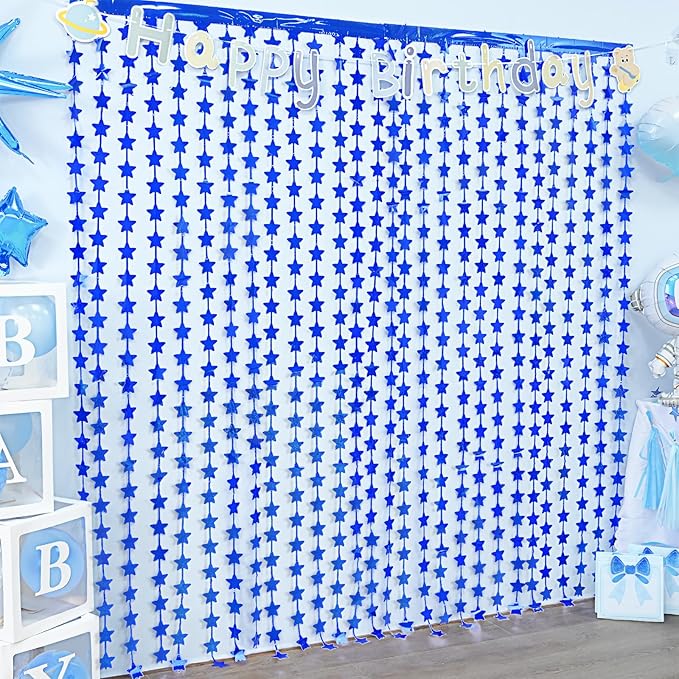 LOLStar 2Pack Blue Happy Birthday Party Decorations 3.3X6.6ft Each Navy Star Streamers Backdrop Foil Fringe Curtains,Photo Booth Props for Blue Baby Shower 18th 21st Birthday Space Party for Boys