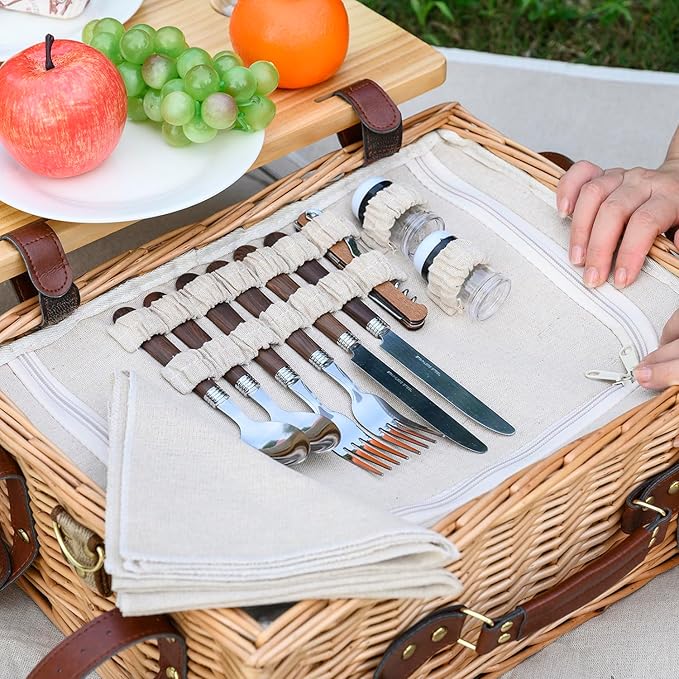 Multifunctional Wicker Picnic Basket Set for 2 with Blanket and Picnic Table, Insulated Picnic Set with Full Tablewares for Camping Outdoor Couples,Natural