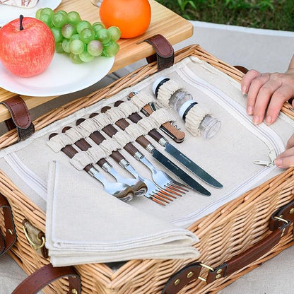 Multifunctional Wicker Picnic Basket Set for 2 with Blanket and Picnic Table, Insulated Picnic Set with Full Tablewares for Camping Outdoor Couples,Natural