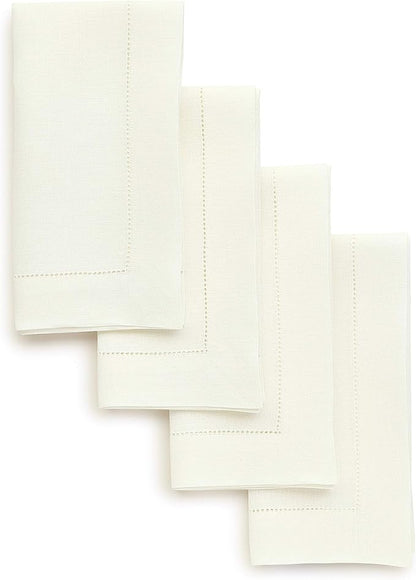Solino Home Ivory Linen Napkins Set of 4-100% Pure Linen Hemstitch Dinner Napkins 20 x 20 Inch for Fall, Autumn, Christmas, Holiday, New Year - Classic Hemstitch