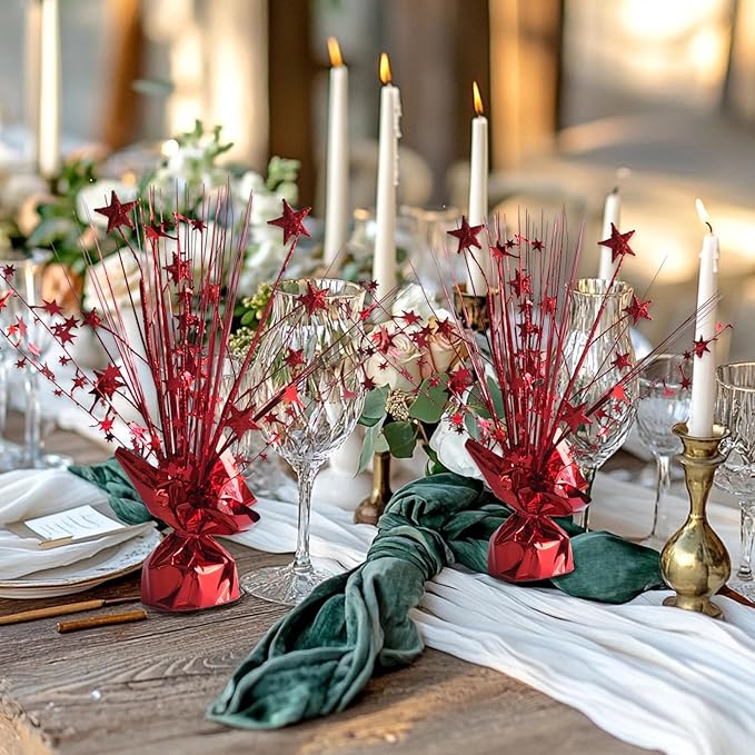 12 Pack Metallic Red Foil Spray Centerpieces Stars Brust Table Centerpieces for Wedding Birthday Anniversary Holiday Party Decor, Metallic Star Balloon Wights for Party, Table Decor for Party