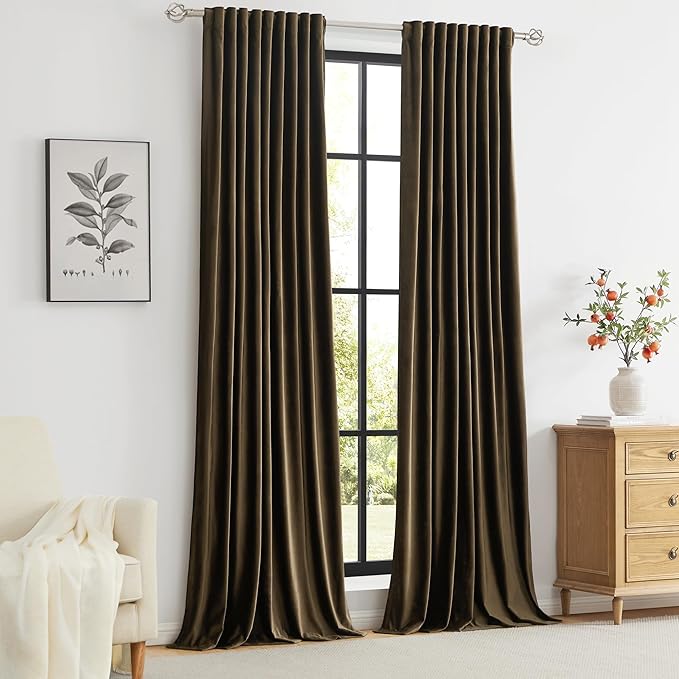 PRIMROSE Brown Velvet Curtains 120 inch Long for Living Room,Set of 2 Panels Blackout Rod Pocket Back Tab Window Treatment Room Darkening Heavy Decorative Curtains Drapes for Bedroom