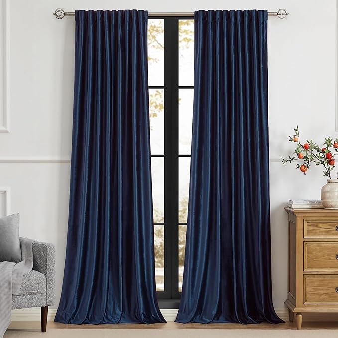 PRIMROSE Navy Blue Velvet Curtains 108 inch Long for Living Room,Set of 2 Panels Blackout Rod Pocket Back Tab Window Treatment Room Darkening Heavy Decorative Curtains Drapes for Bedroom