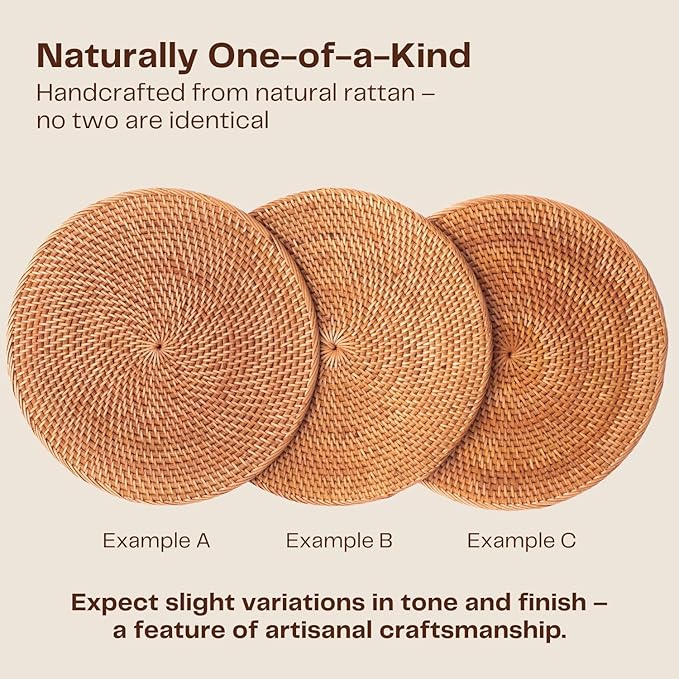6-Pack Rattan Placemats - 13-inch Round Placemats (Honey Brown) - Woven Place Mats, Round Table Mats - Wicker Chargers for Dinner Plates, Plate Chargers Boho - Rattan Decor, Kitchen Table Decor