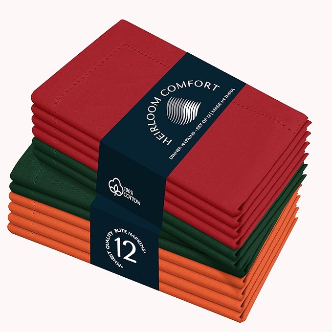 Multi Color Cloth Napkins 18x18 Inch - Set of 12-100% Cotton, Soft, Reusable - Perfect Hotel Quality Napkin for Table, Dinner, Weddings, Everyday Dining - Orange, Red, Forest Green