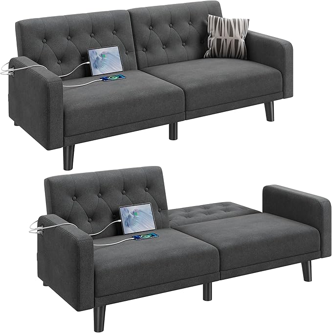 Yaheetech 63" Convertible Couch Small Futon Sofa Bed with 2 USB Ports, Reclining Backrest & Removable Armrests, Mid Century Modern Loveseat for Living Room, Apartment, Office, Dark Gray