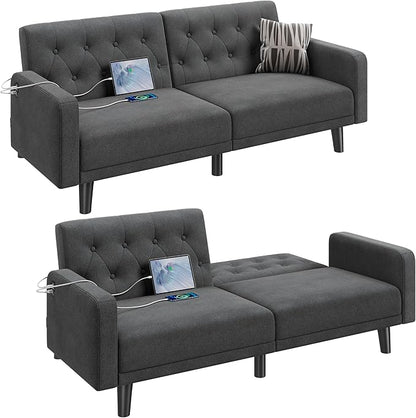Yaheetech 63" Convertible Couch Small Futon Sofa Bed with 2 USB Ports, Reclining Backrest & Removable Armrests, Mid Century Modern Loveseat for Living Room, Apartment, Office, Dark Gray