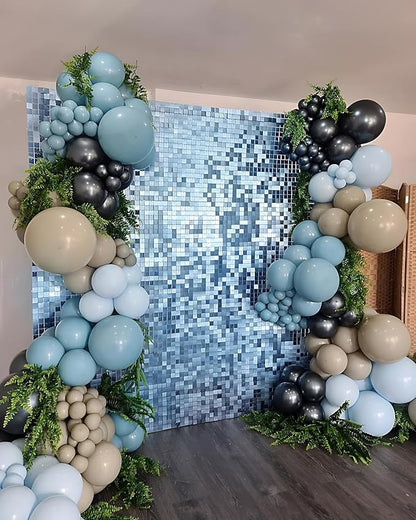 Shimmer Wall Backdrop Baby Blue Square Sequin Wall Panel Backdrop Decor for Wedding, Anniversary, Birthday, Party, 24 Panels