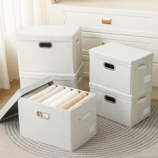 PRANDOM Collapsible Storage Bin with Lid [5-Pack] Fabric Foldable Storage Box Organizer Container Basket Cube with Cover for Home Bedroom Closet Office Beige(15.3x10x9.7)