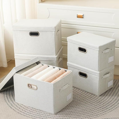 PRANDOM Collapsible Storage Bin with Lid [1-Pack] Fabric Foldable Storage Box Organizer Container Basket Cube with Cover for Home Bedroom Closet Office Nursery Beige(15.3x10x9.7)