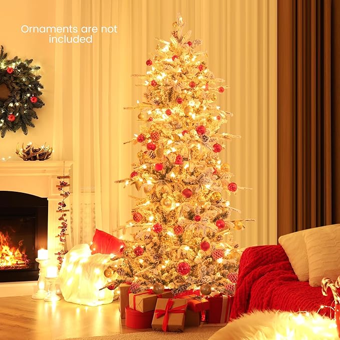 GOFLAME 6FT Pre-Lit Christmas Tree Snow Flocked, Hinged Artificial Xmas Tree with 715 Branch Tips, 36 Natural Pine Cones & 210 Warm White Incandescent Lights, Holiday Decoration Tree for Home Office