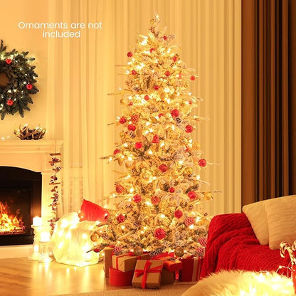 GOFLAME 6FT Pre-Lit Christmas Tree Snow Flocked, Hinged Artificial Xmas Tree with 715 Branch Tips, 36 Natural Pine Cones & 210 Warm White Incandescent Lights, Holiday Decoration Tree for Home Office