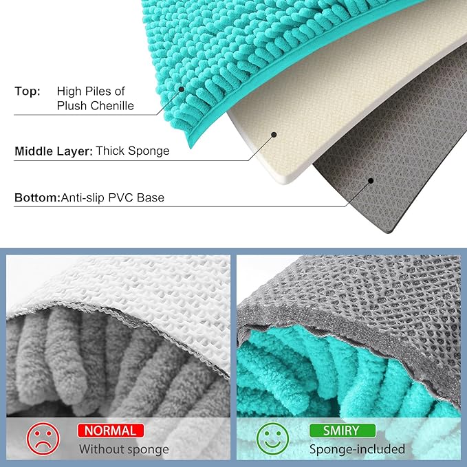 Smiry Luxury Chenille Bathroom Rugs 47x24, Extra Soft and Absorbent Shaggy Bath Mat, Machine Washable, Non-Slip Plush Carpet Runner for Tub, Shower, and Floor, Home Decor Accessories, Turquoise
