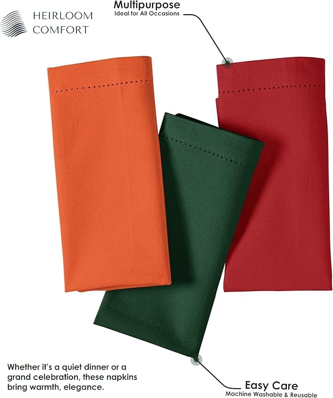 Multi Color Cloth Napkins 18x18 Inch - Set of 12-100% Cotton, Soft, Reusable - Perfect Hotel Quality Napkin for Table, Dinner, Weddings, Everyday Dining - Orange, Red, Forest Green