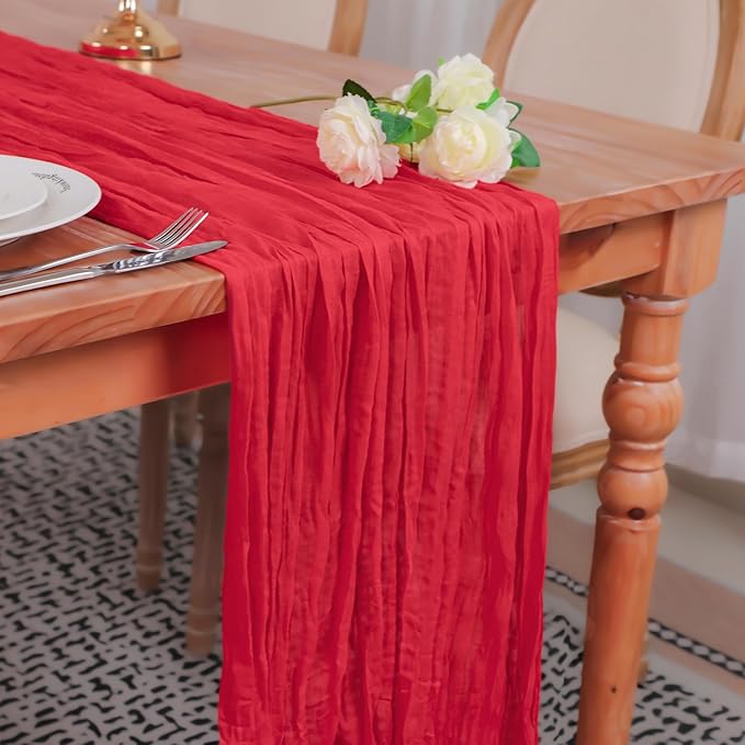Snowkingdom 10 Ft Red Christmas Cheesecloth Table Runner, 120 inch Long Cheese Cloth Boho Gauze Sheer Runner for Wedding Bridal Baby Shower Birthday Sheer Holiday Table Decorations