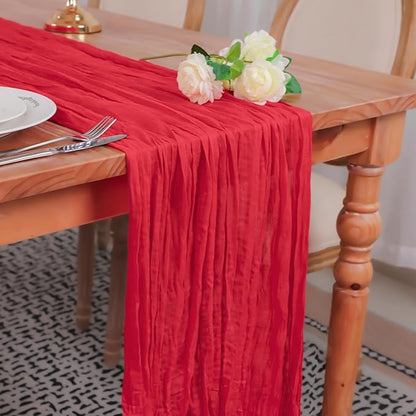 Snowkingdom 10 Ft Red Christmas Cheesecloth Table Runner, 120 inch Long Cheese Cloth Boho Gauze Sheer Runner for Wedding Bridal Baby Shower Birthday Sheer Holiday Table Decorations