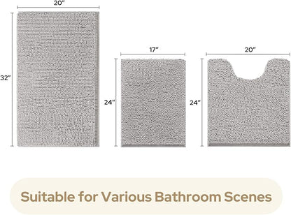 HOMEIDEAS 3 Pieces Bathroom Rugs, Ultra Soft Non Slip Absorbent Chenille Toilet Bath Mat Set (Light Grey)