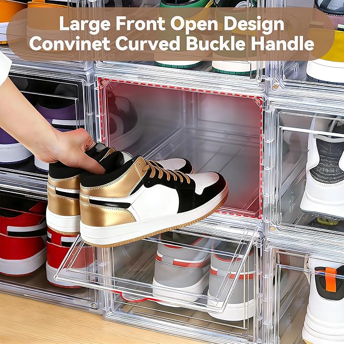 Acrylic Shoe Storage Boxes with Magnetic Door - 360° Clear Stackable Shoe Display Box Set, Plastic Shoe Cabinet Rack Box for Sneakers Heels Shoes (12, Clear, L - Front Open)