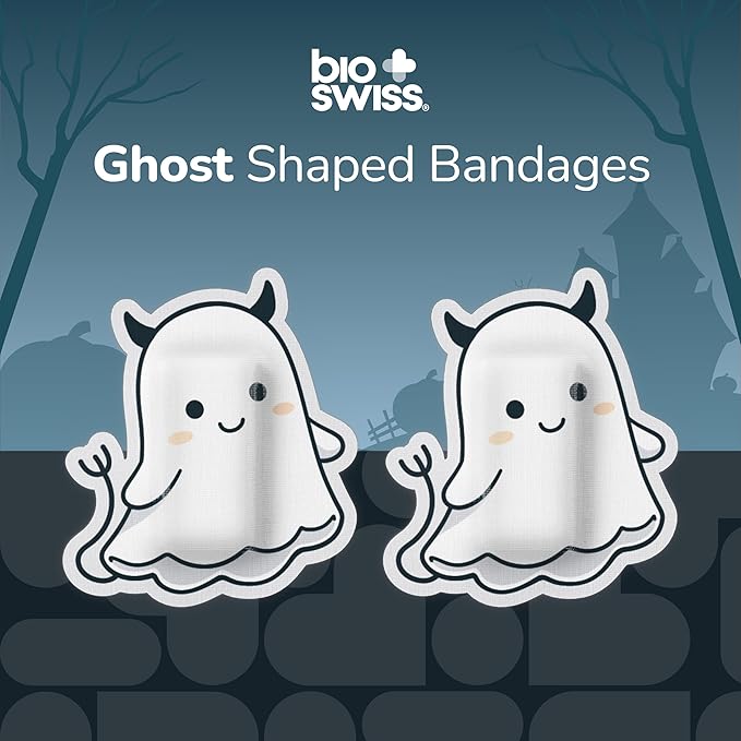 BioSwiss Kids Bandages, Halloween Ghost Shaped Self Adhesive Bandage Set, Latex Free, Sterile Wound Care, 50 Count
