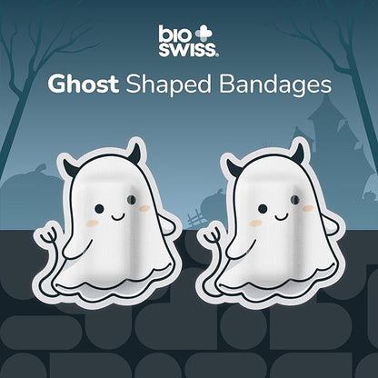 BioSwiss Kids Bandages, Halloween Ghost Shaped Self Adhesive Bandage Set, Latex Free, Sterile Wound Care, 50 Count