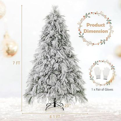 GOFLAME 7ft Pre-Lit Christmas Tree Snow Flocked, Hinged Artificial Xmas Tree with 743 Branch Tips, 320 Warm White LED Lights, Willow Leaves, Holiday Decoration Tree for Home Office Party