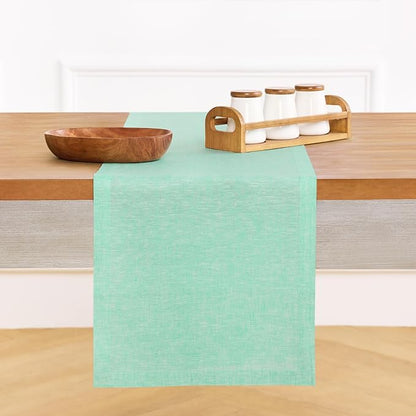 Solino Home Linen Table Runner 108 Inches Long - Athena, 100% Pure Linen Chambray Aqua Dining Table Runner 14 x 108 Inch for Thanksgiving
