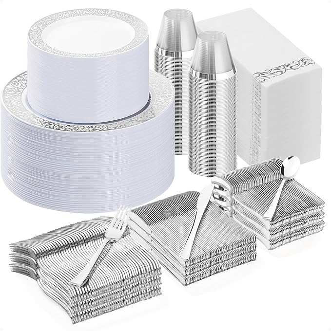 700PCS Silver Plastic Dinnerware Set for 100 Guests, Disposable Plates for Party, Include 100 Dinner Plates, 100 Dessert Plates, 100 Set Silver Silverware, 100 Cups, 100 Napkins