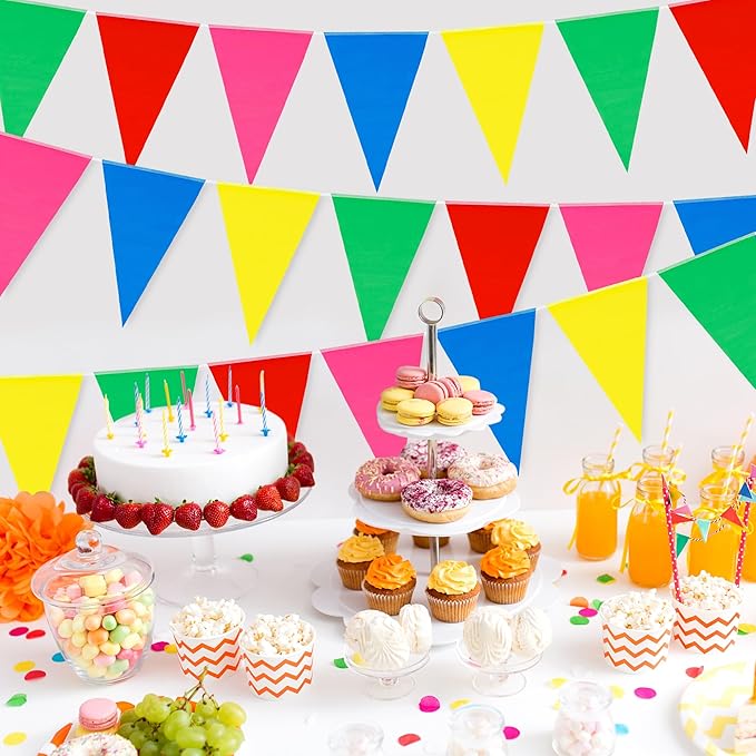 100 FT Rainbow Decorations, Colorful Rainbow Banner, Pre-assemble Pennant Banner Flags, Polyester Hanging Banners Indoor Outdoor Carnival Birthday Party Supplies Home Yard Ceiling Wall Decor