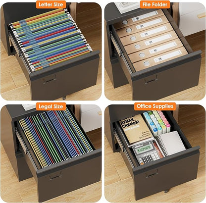 METAN 2 Drawer Vertical File Cabinet with Lock, Mobile Metal Filing Cabinet for Legal/Letter Size, Office Storage File Cabinet Under Desk with Card Holder,Assembly Required, Black