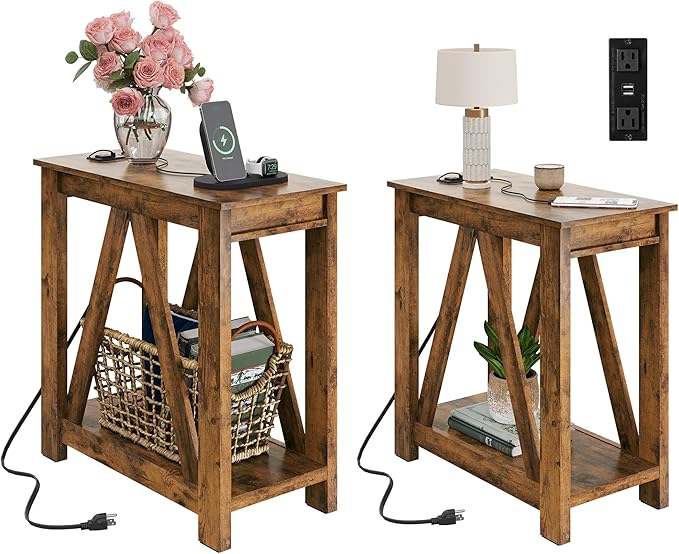 WLIVE End Tables Living Room Set of 2 with Charging Station, Sofa Side Tables with Open Storage Shelf, Slim Farmhouse End Table Sets, Rustic Brown