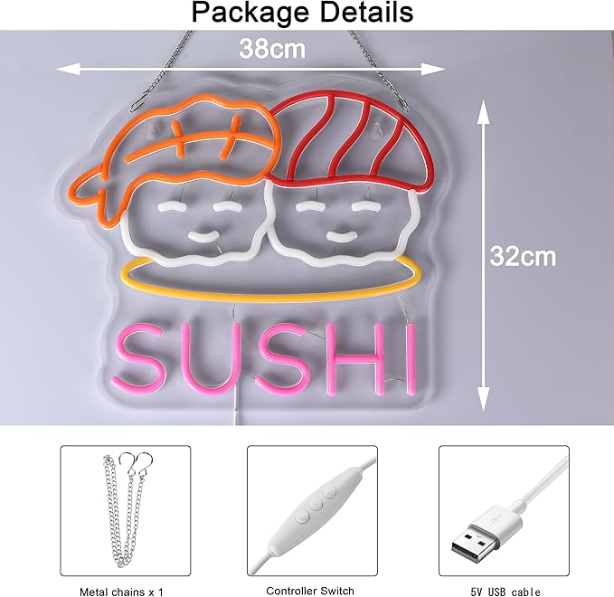 Sushi Neon Sign for Wall Decor Led Neon Lights for Business Light Up Sign 15" x 12.6" USB Powered for Home Bar Kitchen Japanese Restaurant Supermarkets Decoration