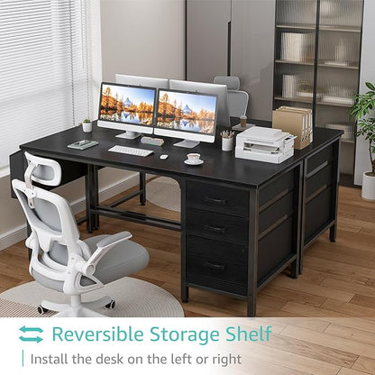 Lufeiya Computer Desk with Fabric File Drawers Cabinet, 55 Inch Reversible Home Office Desks with Filing Cabinet, Study Writing Table PC Desks with Storage for Bedroom, Black