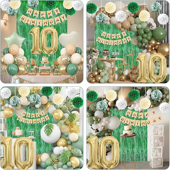 Sage Green 10th Birthday Decorations for Boys Girls Gold Number 10 Balloon Nude Gold Happy Birthday Banner Fringe Curtain Paper Pom Poms Olive Green Cream White Sand Star Foil Balloons Party Decor