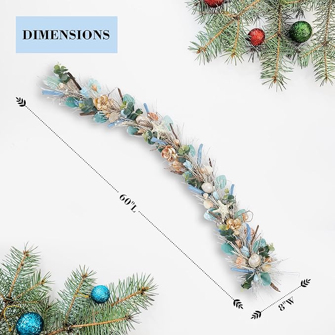 Holiday Tree 5' Coastal Shell Christmas Garland – Handcrafted Beach Christmas Decor with Capiz Shells, Driftwood & Twigs | Coastal Elegance for Mantle, Wall, Bedroom, Dining & Doorway