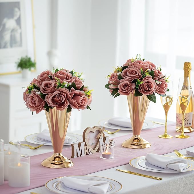 Gold Vase Centerpiece Table Decorations - 2 Pcs Metal Tabletop Flower Stand, Wedding Decorations for Reception, 9.8in Trumpet Tall Flower Vase for Birthday, Weddings, Anniversary Ceremony, Home Decor