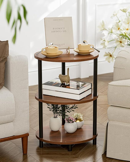 Small Round Side Table - 3-Tier Oval Accent Table for Small Spaces, Rustic Wood and Metal Couch End Table, Nightstand for Bedroom or End Table Living Room, Easy to Assemble, Rustic Walnut