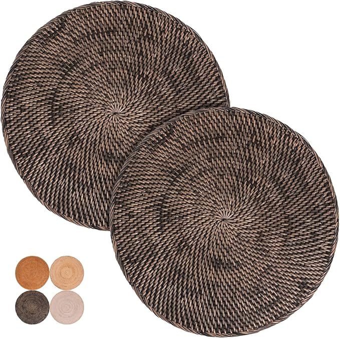 2-Pack Rattan Placemats - 13-inch Round Placemats (Blackwash) - Woven Place Mats, Round Table Mats - Wicker Chargers for Dinner Plates, Plate Chargers Boho - Rattan Decor, Kitchen Table Decor
