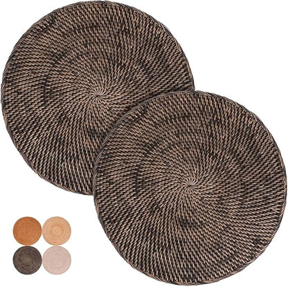 2-Pack Rattan Placemats - 13-inch Round Placemats (Blackwash) - Woven Place Mats, Round Table Mats - Wicker Chargers for Dinner Plates, Plate Chargers Boho - Rattan Decor, Kitchen Table Decor