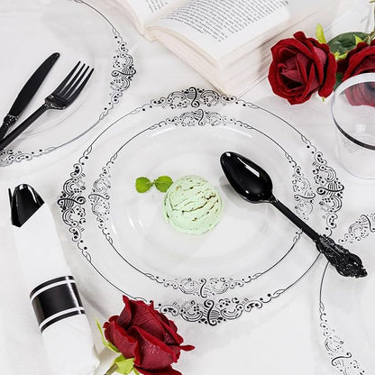 Hioasis 350pcs Clear Black Plastic Plates - Elegant Disposable Dinnerware Set Suitable for 50 Guests Include 10.25" Dinner & 7.5" Dessert Plates, Pre Rolled Silverware Set, Cups for Party & Wedding